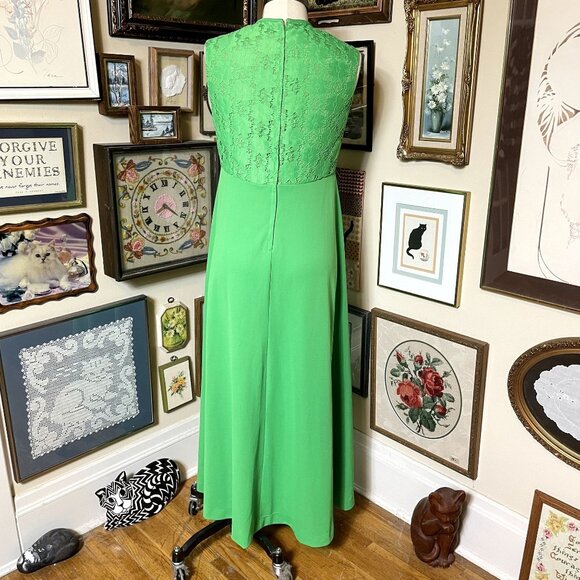 70s Vintage Kelly Green High Waist Sleeveless Polyester Dress with Lace Jacket - Picture 7 of 9